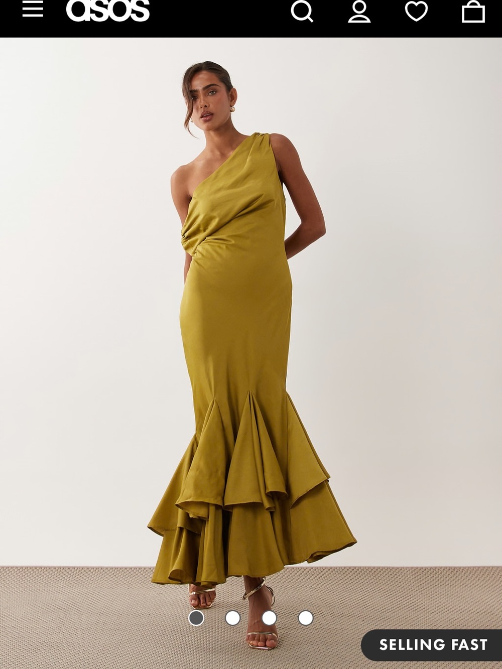 ASOS DESIGN fallen shoulder maxi dress with asymmetric godet hem in olive size 8